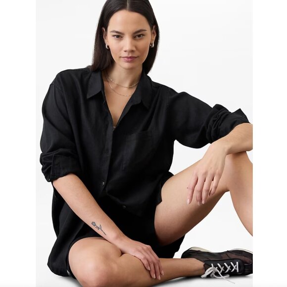 S, M, L, XL - ATHLETA - Retreat Linen Shirt Black Button Down NEW $99 msrp - Picture 1 of 5